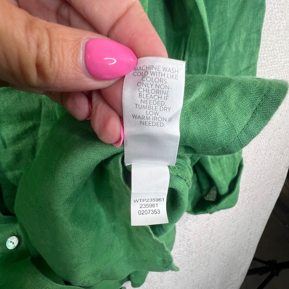 J. Jill Love Linen Green Button Front Roll Tab Sleeve Shirt Large 100% Linen - Picture 9 of 9